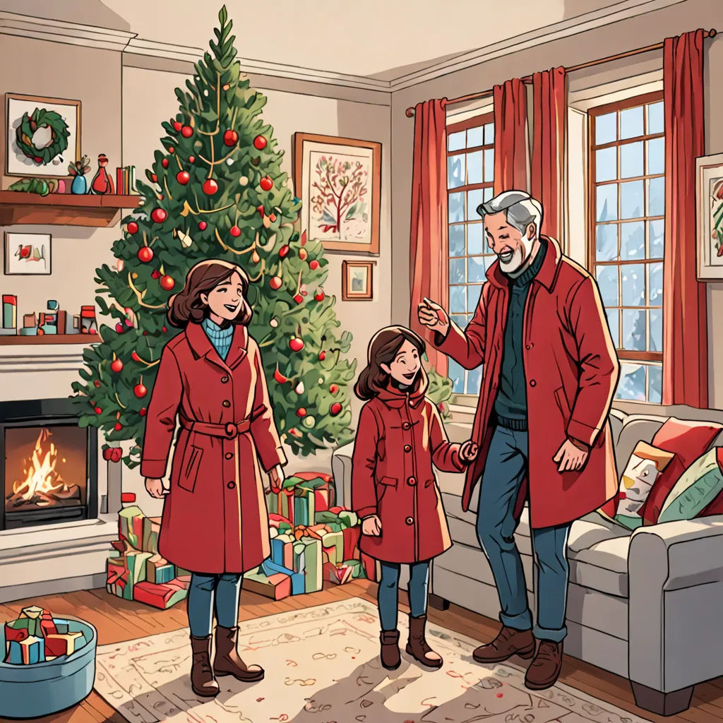 a family standing in front of a christmas tree in a living room with a christmas tree in the corner, american scene painting, a storybook illustration, Art Fitzpatrick, official art