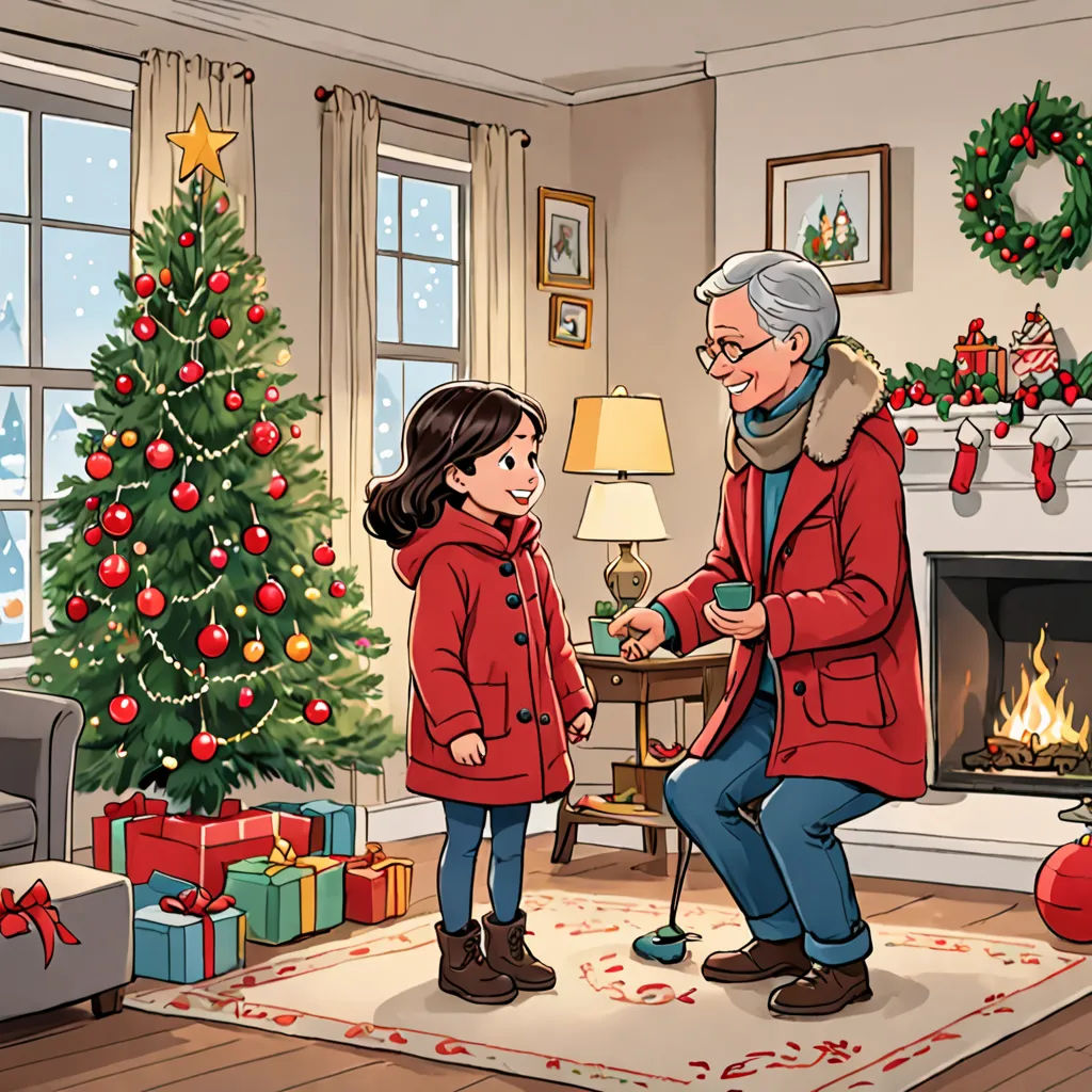 a man and a little girl standing in front of a christmas tree in a living room with a fireplace, american scene painting, a storybook illustration, Cliff Childs, promotional image