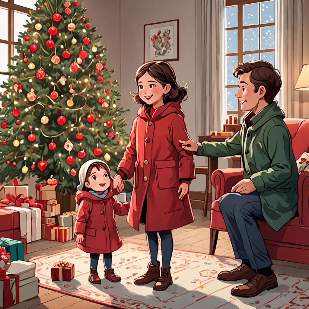 a man and woman are standing in front of a christmas tree with a little girl in a red coat, serial art, a storybook illustration, Cliff Childs, official art