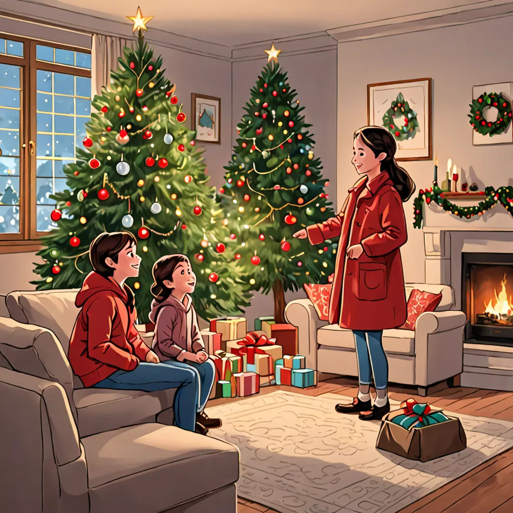 a woman standing in front of a christmas tree talking to two children sitting on a couch in front of a christmas tree, american scene painting, a storybook illustration, Evgeny Lushpin, official art