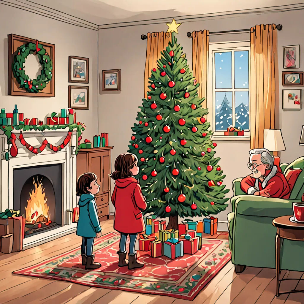 a family standing in front of a christmas tree in a living room with a christmas tree in the corner, magical realism, a storybook illustration, Ernest William Christmas, official art