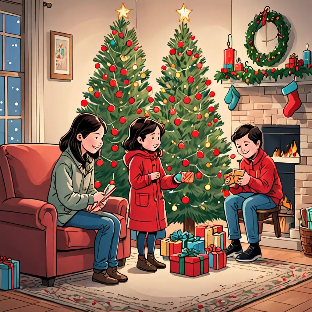 a family sitting around a christmas tree with presents in front of them and a christmas tree in the background, lyco art, a storybook illustration, Ernest William Christmas, official art