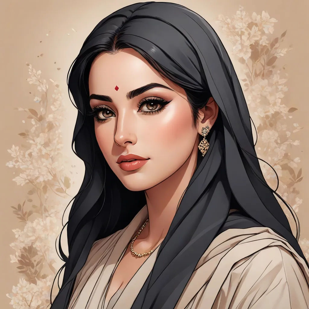 a woman with long black hair and a necklace on her neck and a flowered background behind her head, Charlie Bowater, fantasy art, a detailed painting, beautiful detailed