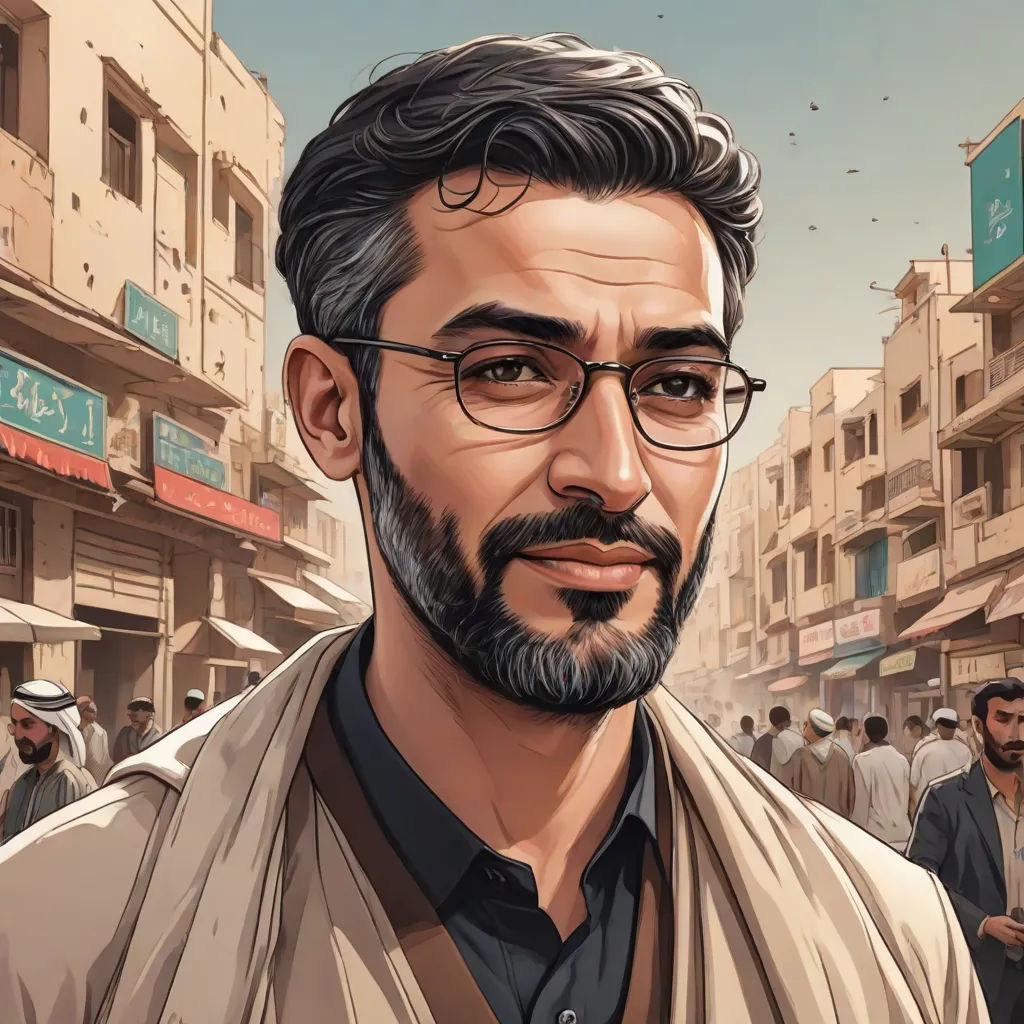 a man with glasses and a beard in a city street with people walking around him and a sign that says,, Amir Zand, serial art, a character portrait, character portrait