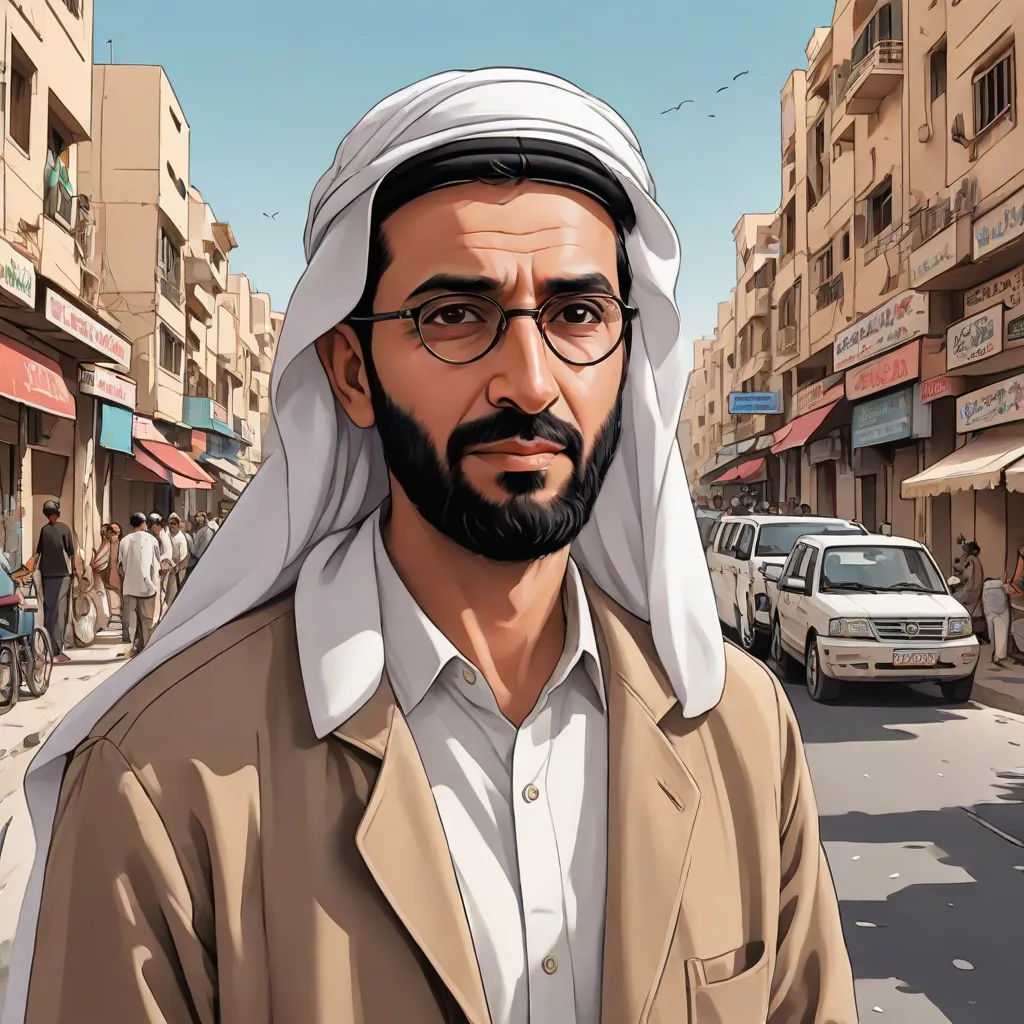 a man in a brown jacket and glasses standing in front of a street with cars and buildings on both sides, Asaf Hanuka, serial art, a character portrait, character portrait