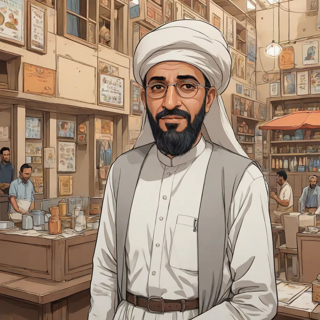 a man in a white turban standing in a store with a man in a white shirt and a man in a white turban, Amir Zand, academic art, a character portrait, graphic novel