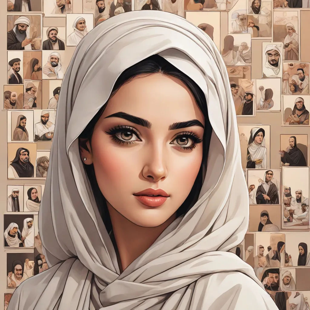 a woman with a headscarf and a lot of pictures on the wall behind her is a portrait of a woman with a headscarf, Brad Kunkle, figurative art, a detailed painting, highly detailed digital painting