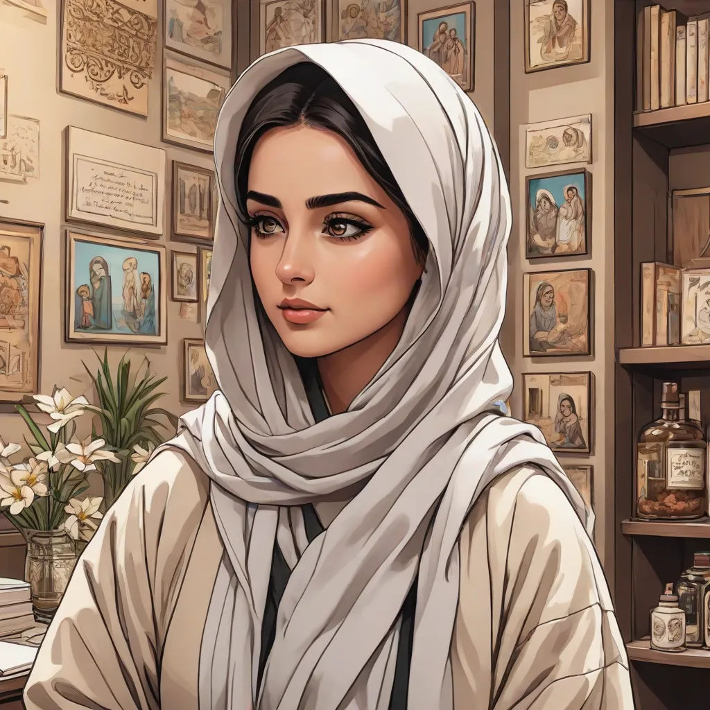 a woman in a white scarf standing in front of a shelf with pictures on it and a vase with flowers, Charlie Bowater, qajar art, a detailed painting, beautiful detailed
