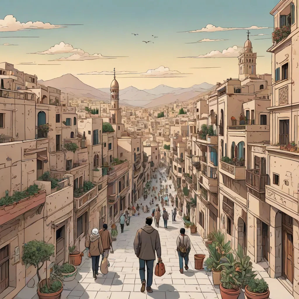 a painting of a city street with people walking down it and a clock tower in the distance with a sky background, Asaf Hanuka, art & language, a comic book panel, graphic novel