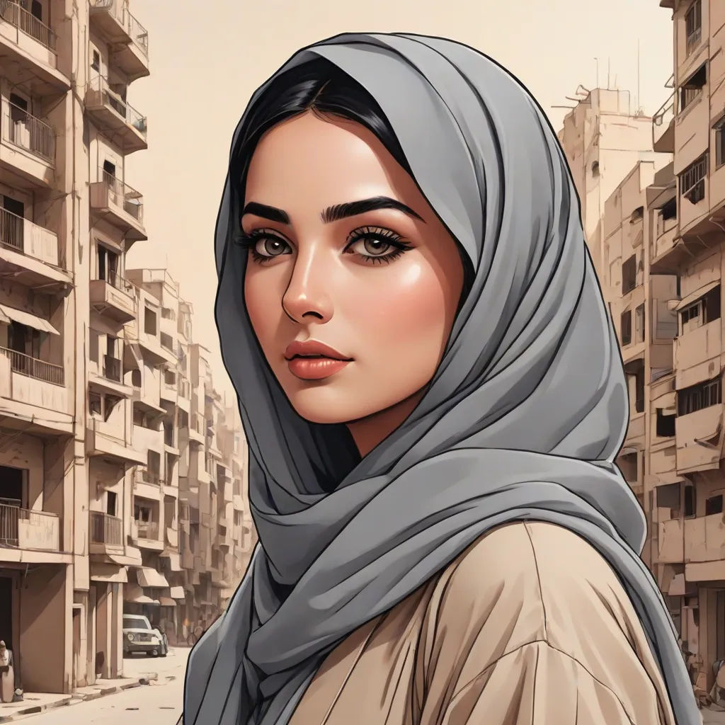 a woman in a headscarf is standing in a street in front of a building with balconies, Charlie Bowater, hyperrealism, egyptian art, highly detailed digital painting