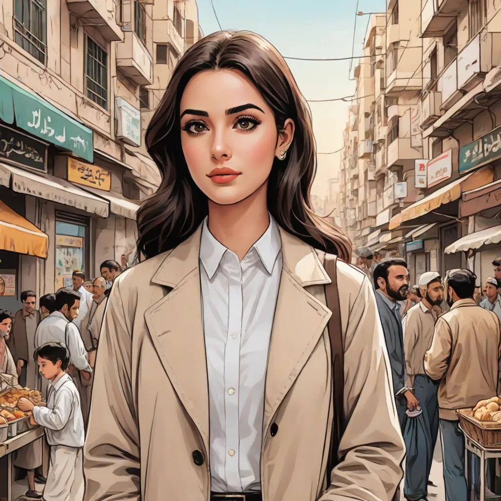 a woman standing in front of a crowd of people in a city street with a man in a trench coat, Elina Karimova, serial art, a comic book panel, graphic novel