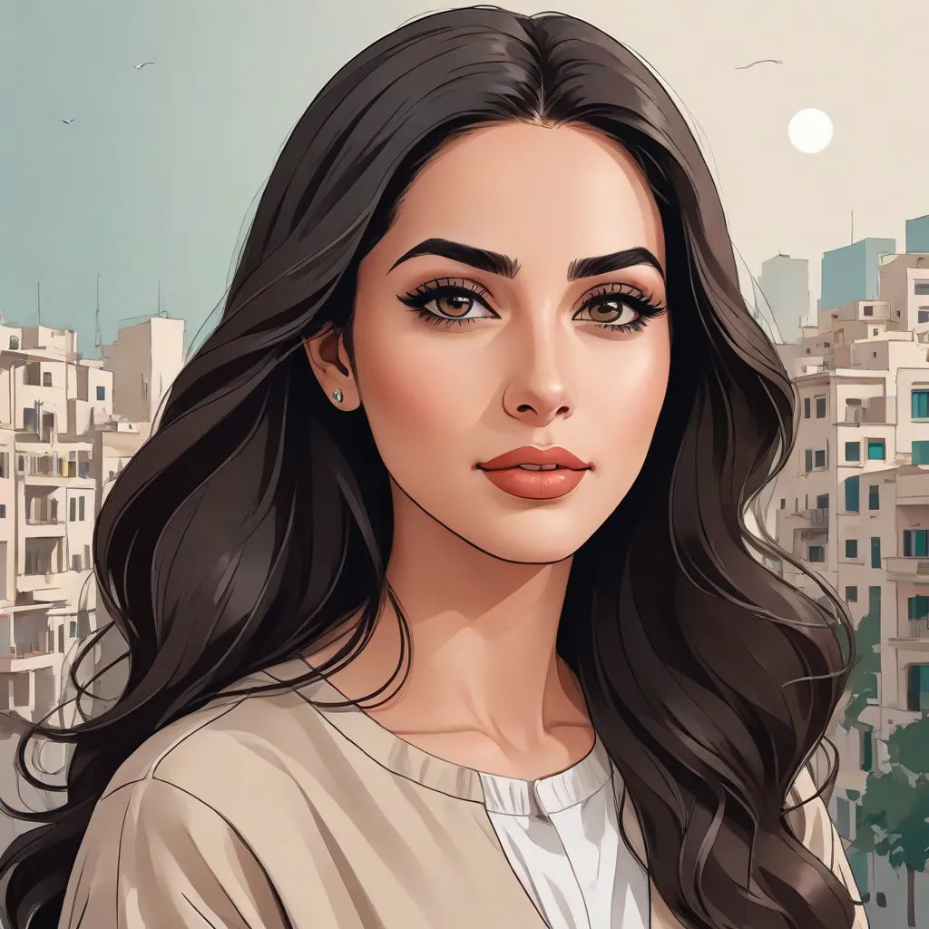a woman with long hair and a white shirt is looking at the camera with a city in the background, Elina Karimova, serial art, a character portrait, rpg portrait