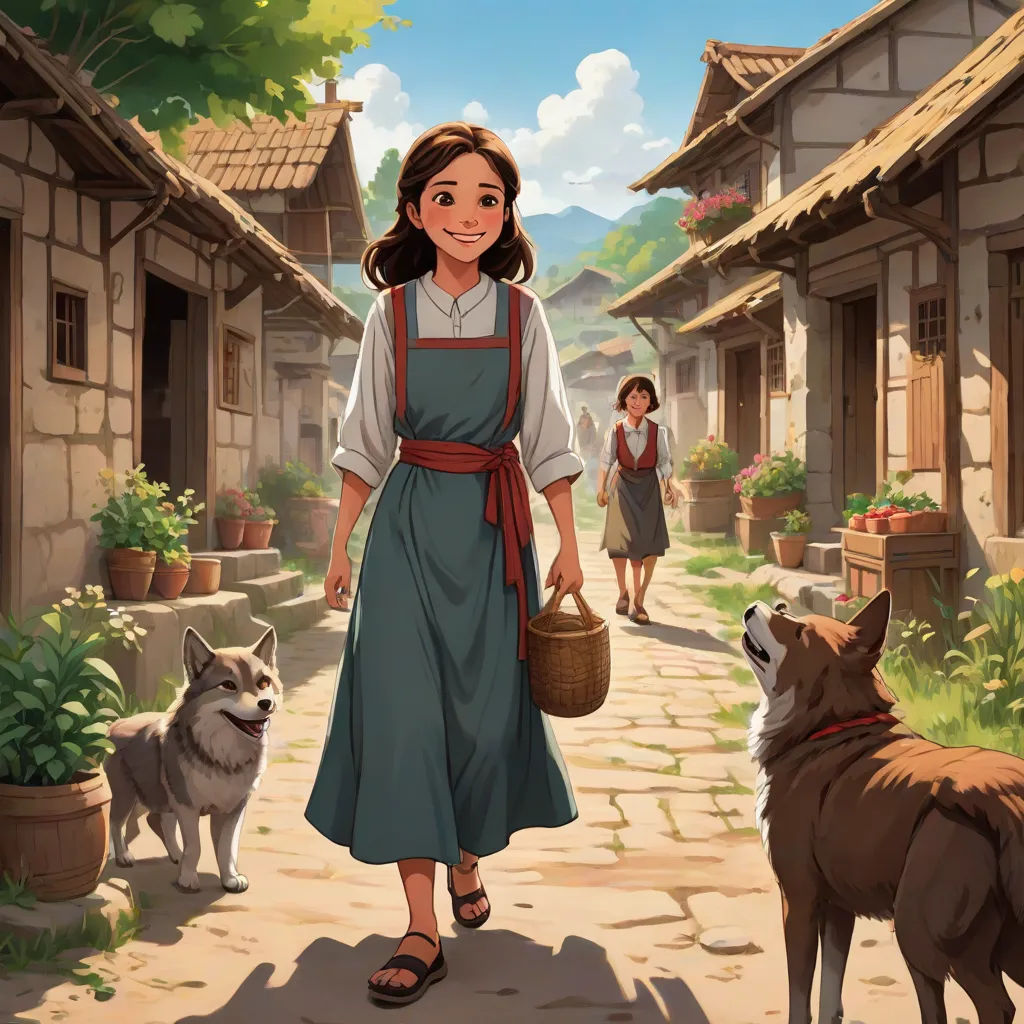 a woman in a blue dress is walking with two dogs and a girl in a white dress is holding a basket, Brothers Hildebrandt, fantasy art, a storybook illustration, official art