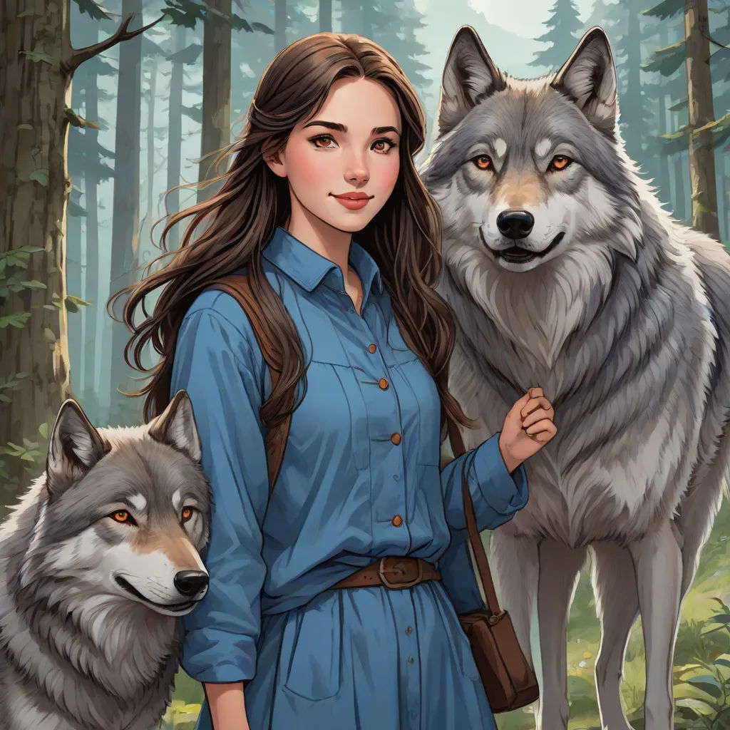 a woman standing next to two wolfs in a forest with trees and grass behind her, with a forest background, Artgerm, furry art, a character portrait, official art