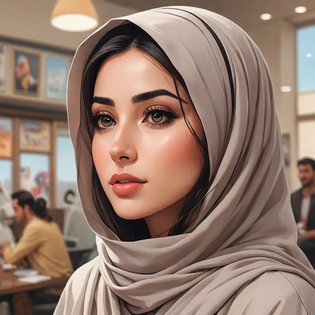 a woman with a hijab on in a restaurant looking at the camera with people in the background, Elina Karimova, photorealism, a photorealistic painting, highly detailed digital painting