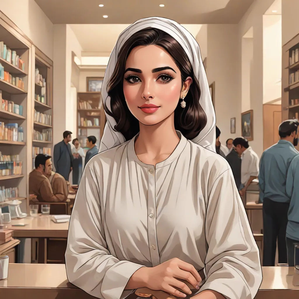 a woman in a white dress standing in a library with a book case full of books behind her and people in the background, Ella Guru, socialist realism, a character portrait, official art