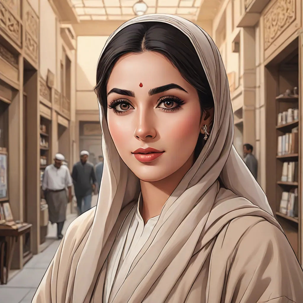 a woman in a veil is standing in a library with a book case in the background and people walking around, Charlie Bowater, bengal school of art, a detailed painting, high detail illustration