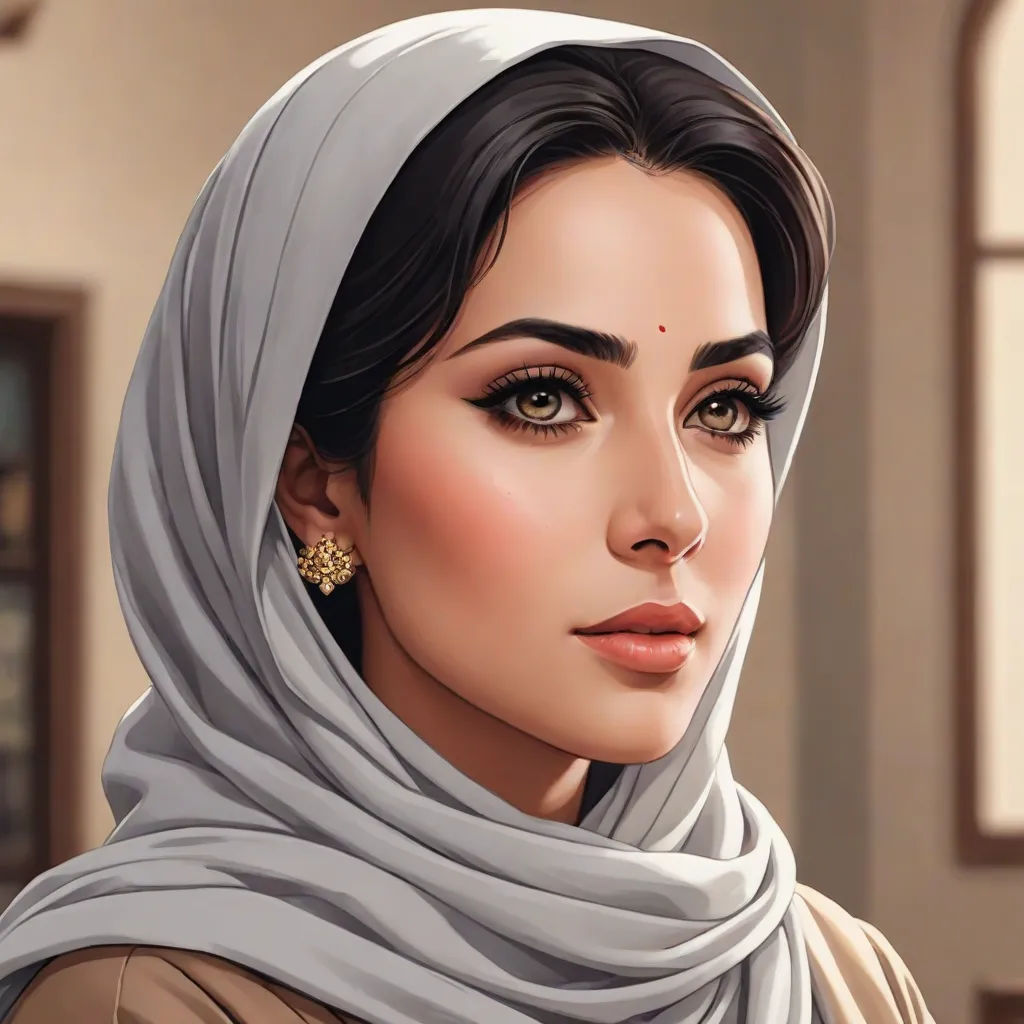 a woman with a hijab and a necklace on her head and a building in the background with a window, Charlie Bowater, qajar art, a detailed painting, beautiful detailed