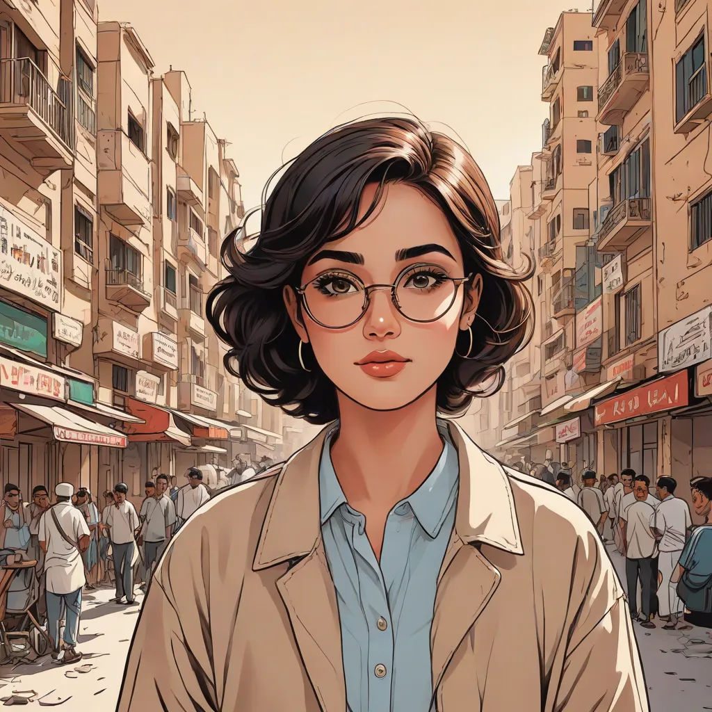 a woman with glasses standing in a crowded street in a city with buildings and people walking around her,, Atey Ghailan, serial art, cyberpunk art, stanley artgerm lau