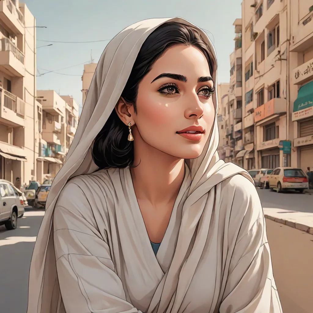 a woman in a shawl is standing on a street corner with a car in the background and buildings in the background, Charlie Bowater, photorealism, a photorealistic painting, highly detailed digital painting