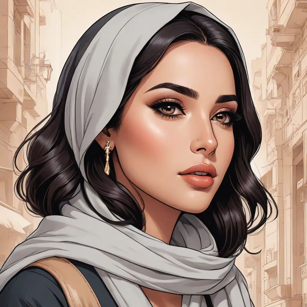 a woman with a scarf on her head and a scarf around her neck, in a city street, with buildings and buildings, Charlie Bowater, qajar art, egyptian art, realistic shaded perfect face