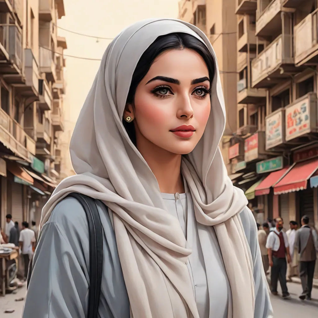 a woman in a headscarf is standing on a street corner with people walking around her and a building in the background, Amir Zand, photorealism, a photorealistic painting, extremely detailed oil painting