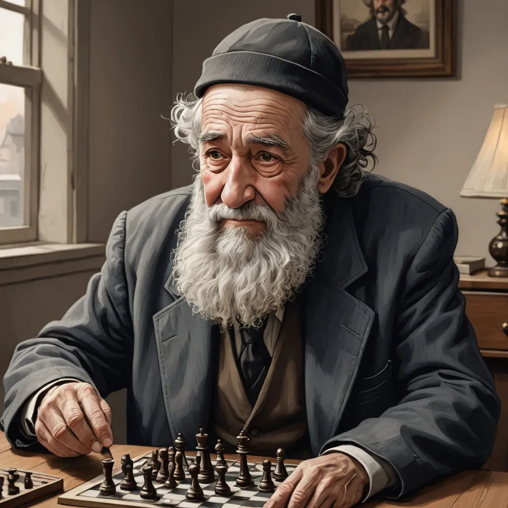 a man with a beard playing chess with a giant chess board in front of him and a large chess set in front of him, photorealism, a digital painting, F Scott Hess, highly detailed digital painting
