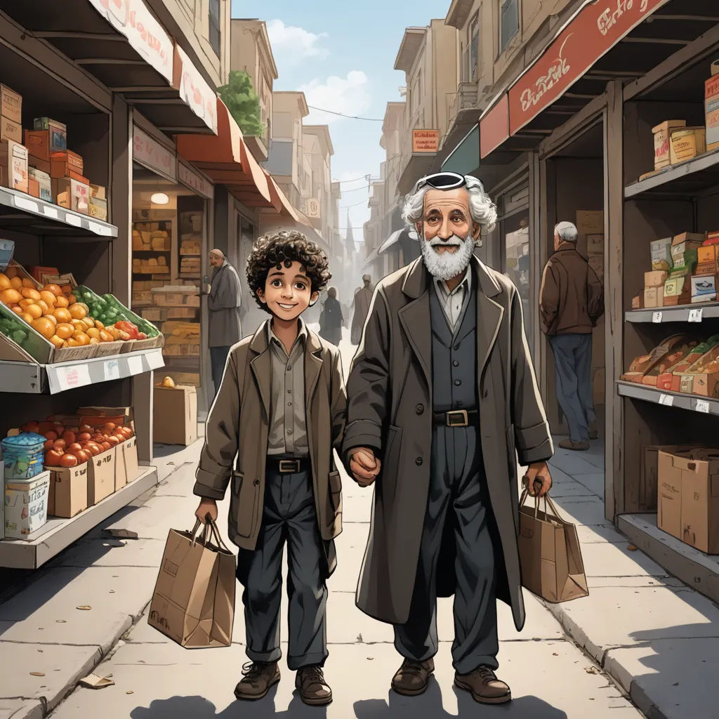 a man and a boy are walking down a street holding hands and holding shopping bags in front of a store, american realism, a storybook illustration, Asaf Hanuka, official art