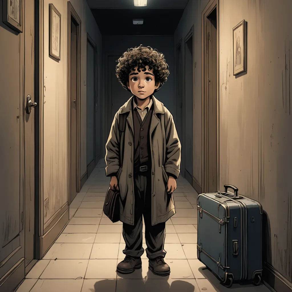 a boy standing in a hallway with a suitcase in front of him and a light on above him that is on the wall, fantastic realism, a comic book panel, Asaf Hanuka, graphic novel