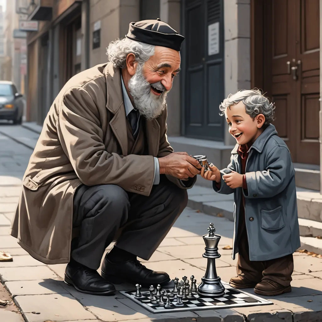 a man playing chess with a child on the street next to a chess board on the sidewalk, with a giant chess set on the sidewalk, photorealism, a detailed painting, Bob Byerley, trending on art station
