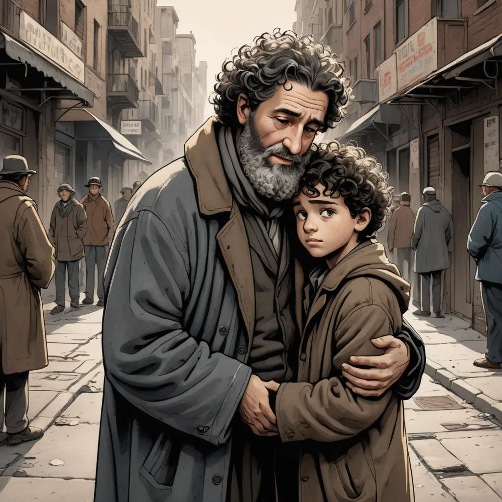a man and a child are standing on a street corner in a city with people walking around them and a man is holding a child, serial art, a comic book panel, Drew Struzan, graphic novel