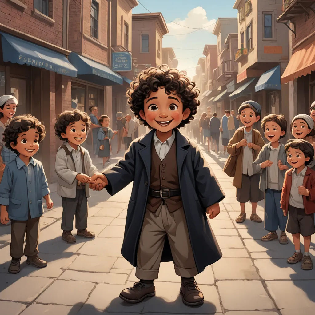 a cartoon of a boy shaking hands with a group of children on a street lined with buildings and shops, magical realism, a storybook illustration, Altoon Sultan, official art