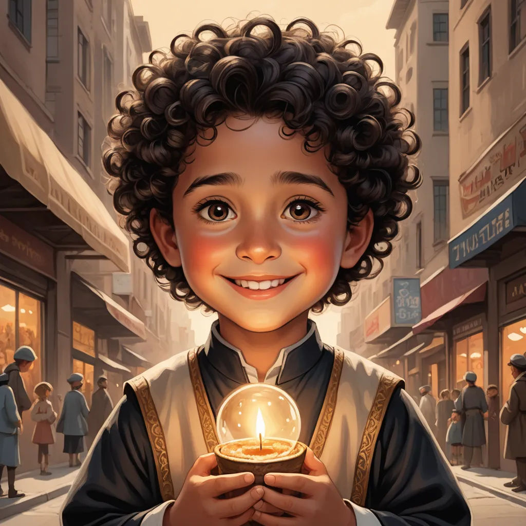 a young boy holding a glowing light bulb in his hands in a city street with people walking around him, fantasy art, a storybook illustration, Clint Cearley, rossdraws global illumination