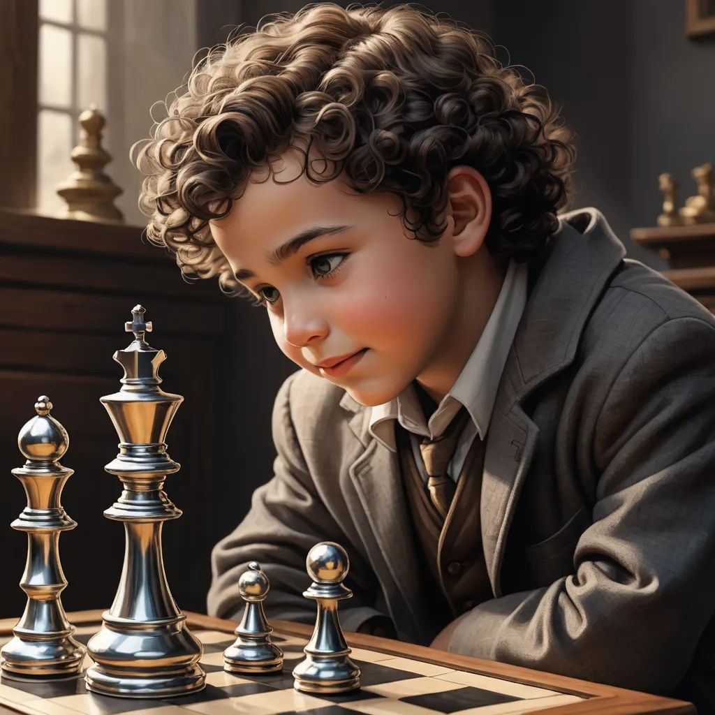 a young boy playing a game of chess with a giant chess set on a table in front of him, photorealism, a hyperrealistic painting, Alejandro Burdisio, highly detailed digital painting