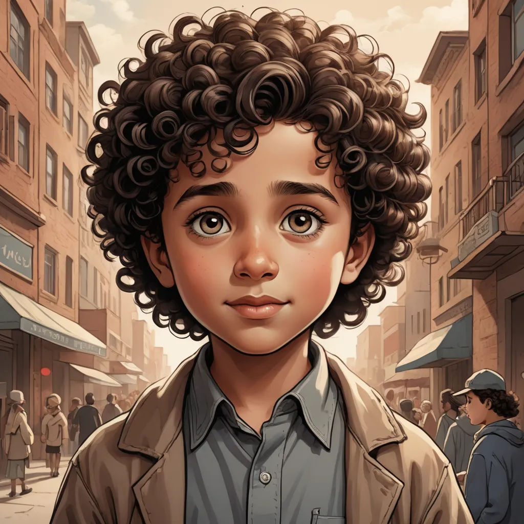 a young boy with curly hair standing in a city street with a crowd of people behind him and a building with a sign on it, photorealism, a character portrait, Aaron Jasinski, stanley artgerm lau