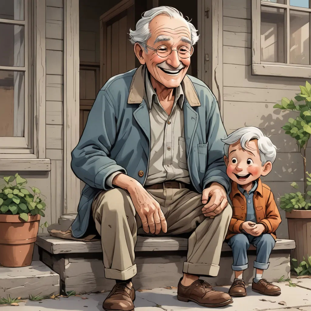 a man and a child sitting on a bench in front of a house with a house in the background, photorealism, a storybook illustration, Cliff Childs, storybook illustration