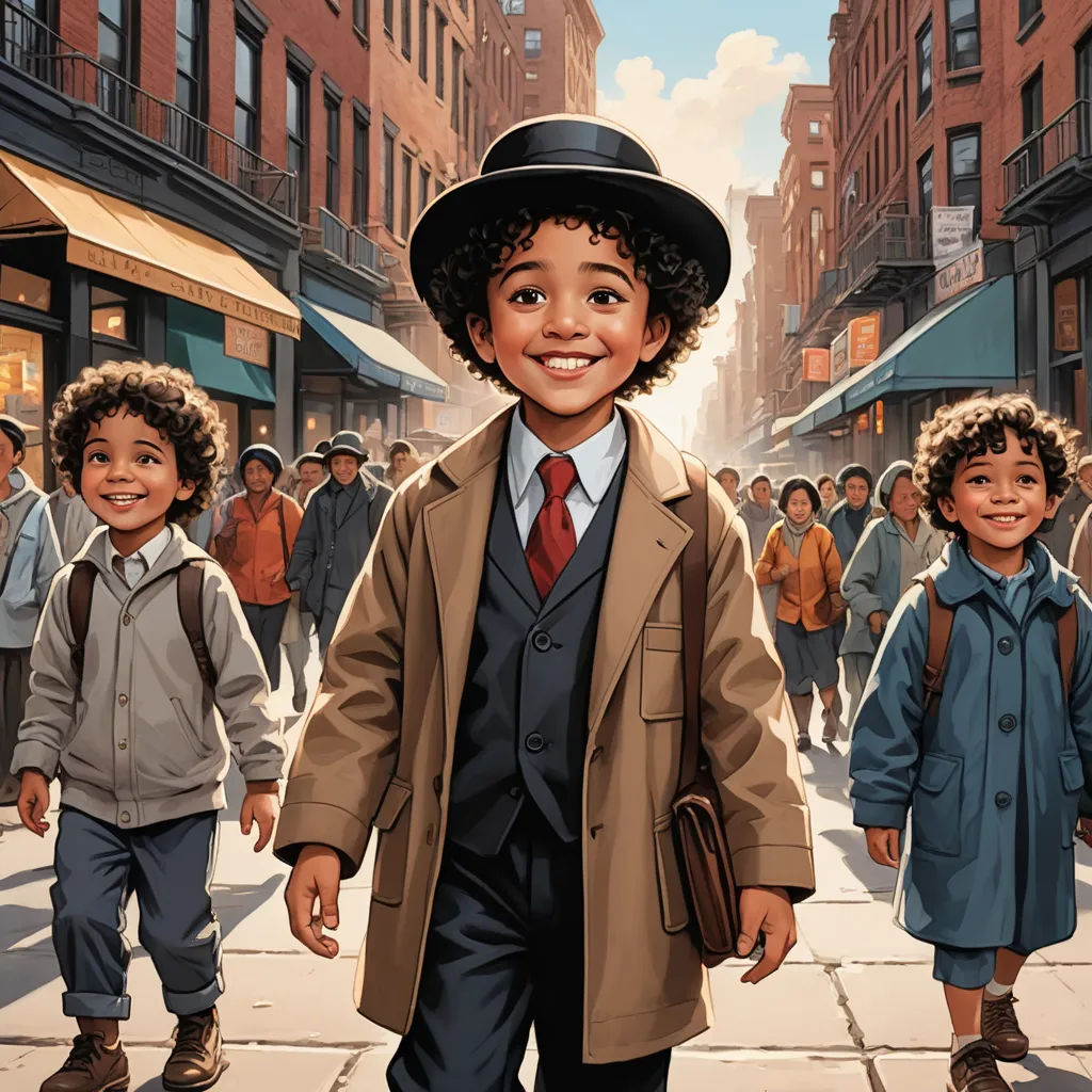 a painting of a boy in a suit and tie walking down a street with other boys in the background, harlem renaissance, a storybook illustration, Bob Byerley, comic cover art