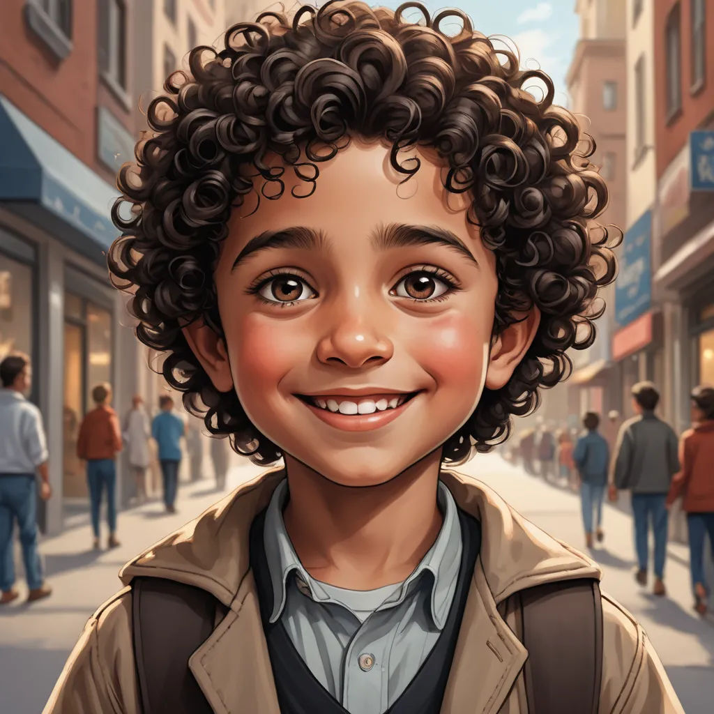 a cartoon of a boy with curly hair smiling at the camera on a city street with people walking by, photorealism, a character portrait, Chris LaBrooy, ultra realistic illustration