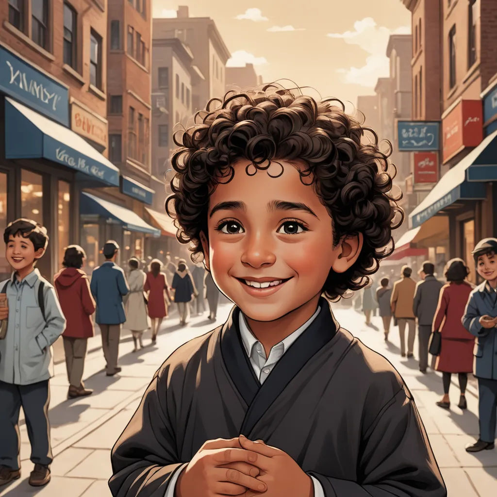 a cartoon of a boy standing in front of a crowd of people on a city street with a smiling face, american scene painting, a storybook illustration, Everett Warner, official art