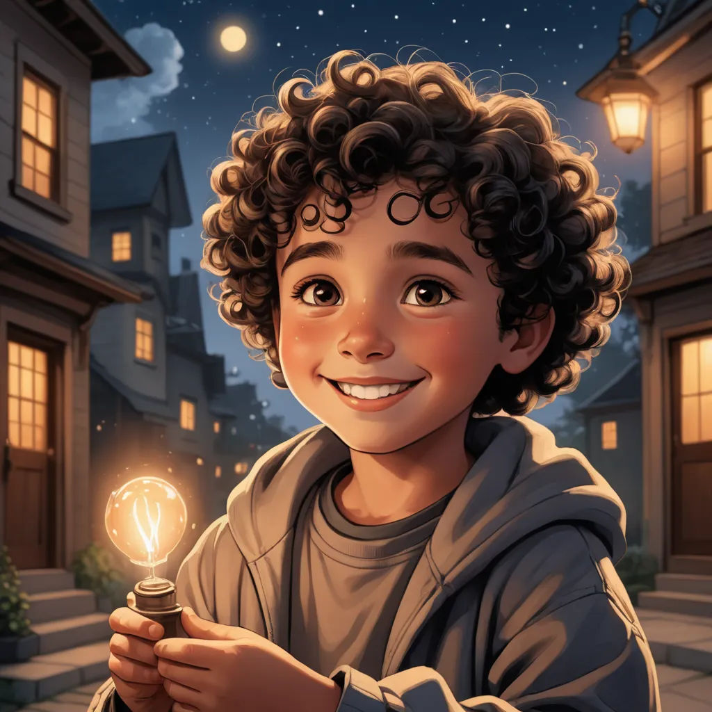 a young boy holding a light bulb in his hand in front of a house at night with a full moon, photorealism, a storybook illustration, Chris LaBrooy, storybook illustration
