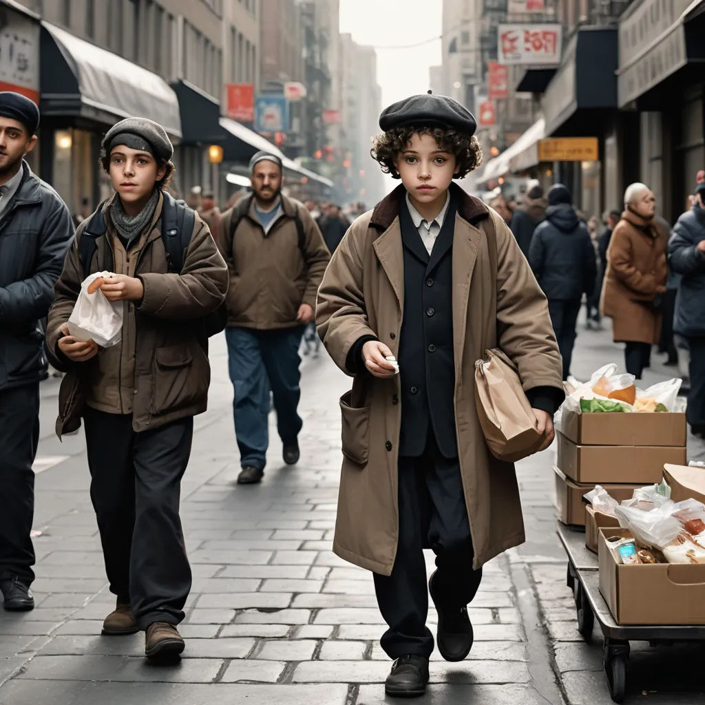 a man walking down a street with a cart full of boxes of food on it's side walk, les automatistes, a colorized photo, Elias Goldberg, promotional image