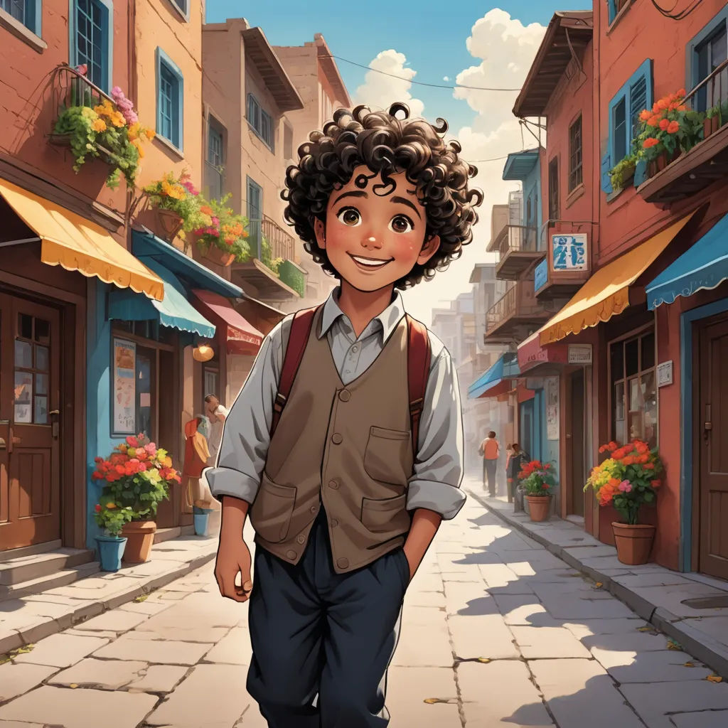 a boy with curly hair and a vest on a street with buildings and flowers in the background and a woman with a backpack on her shoulder, magical realism, a storybook illustration, Alejandro Burdisio, official art