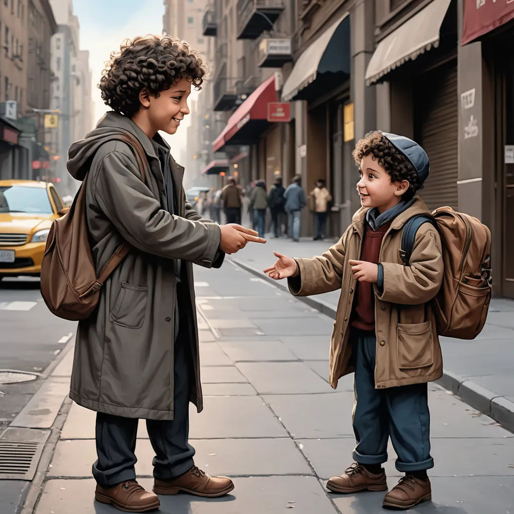 a boy pointing at another boy on the street with a backpack on his back and a backpack on his shoulder, serial art, poster art, Bob Byerley, promotional image