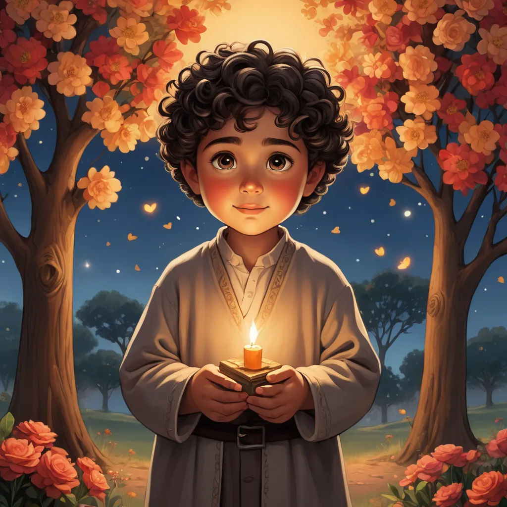 a painting of a boy holding a candle in a forest with flowers and trees in the background at night, fantasy art, a storybook illustration, Aaron Jasinski, official art