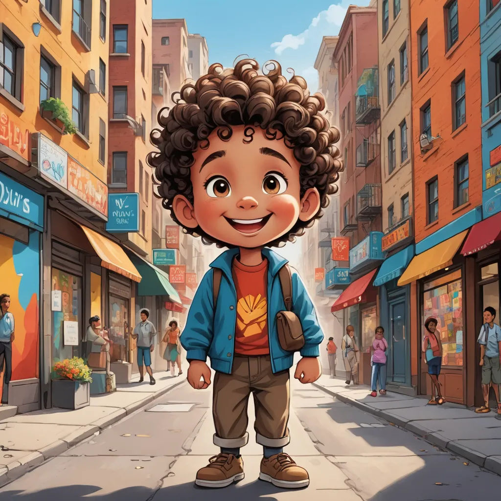 a cartoon boy standing in the middle of a street with buildings in the background and people walking around him, photorealism, a storybook illustration, Chris LaBrooy, official art