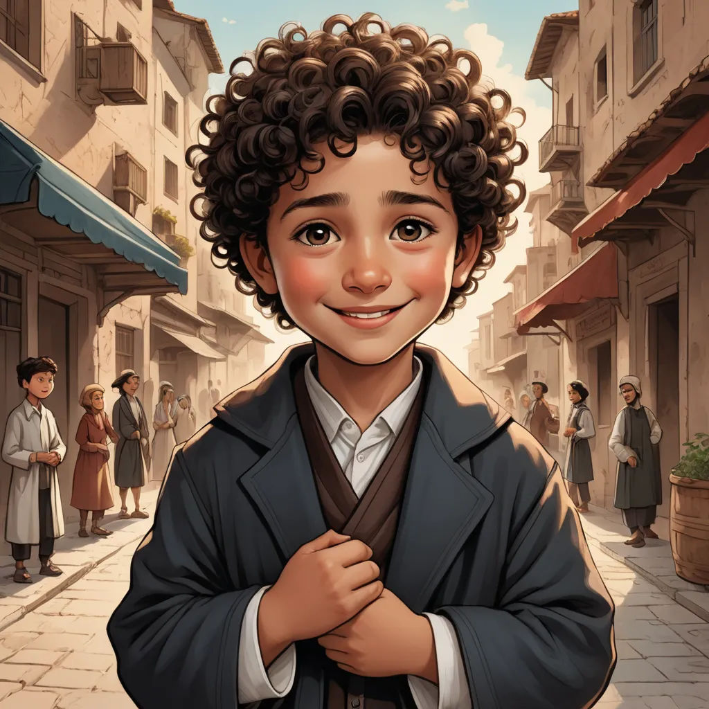 a cartoon of a boy with curly hair and a suit on standing in a street with people in the background, fantastic realism, a storybook illustration, Alejandro Burdisio, official art