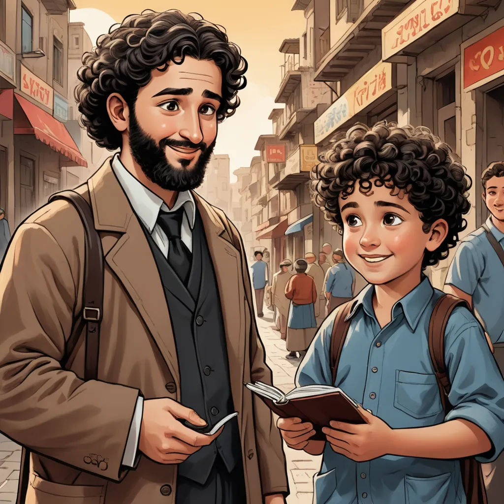a man standing next to a boy in a street with a book in his hand and a book in his hand, serial art, a storybook illustration, Asaf Hanuka, official art