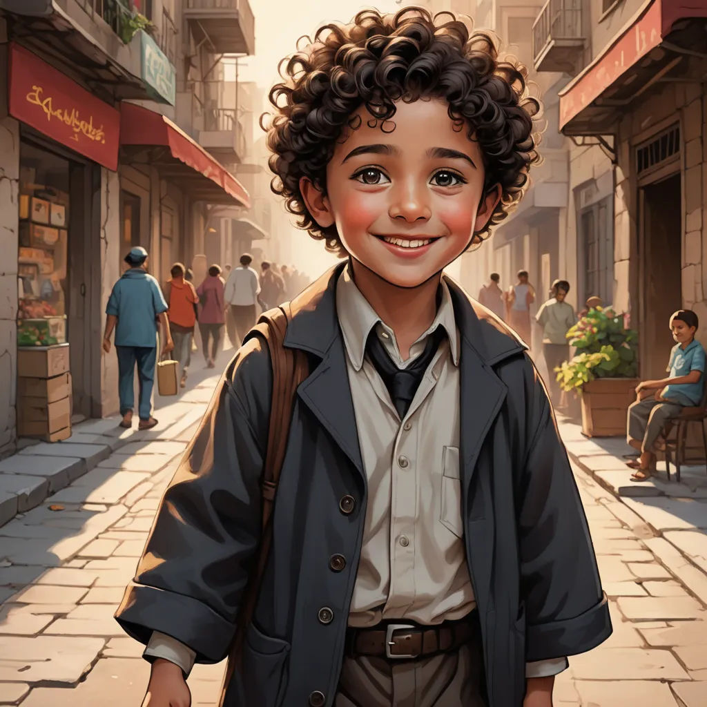a painting of a boy in a suit and tie on a street with people walking by him and a building, american scene painting, a storybook illustration, Bob Byerley, official art