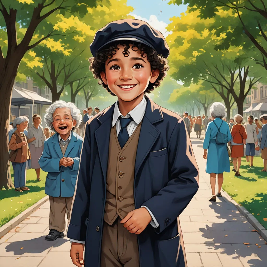 a painting of a boy in a suit and hat standing in front of a crowd of people in a park, american scene painting, a storybook illustration, Bob Byerley, official art