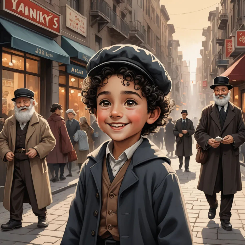 a painting of a boy in a hat and coat standing in front of a store front with other people, fantastic realism, a detailed matte painting, Bob Byerley, highly detailed digital painting
